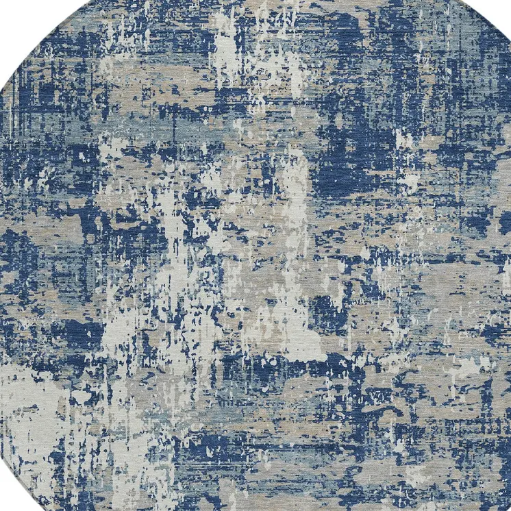 8' Navy Blue Gray And Ivory Round Abstract Washable Indoor Outdoor Area Rug