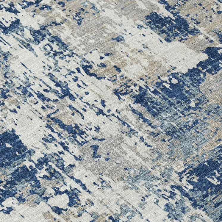 8' Navy Blue Gray And Ivory Round Abstract Washable Indoor Outdoor Area Rug