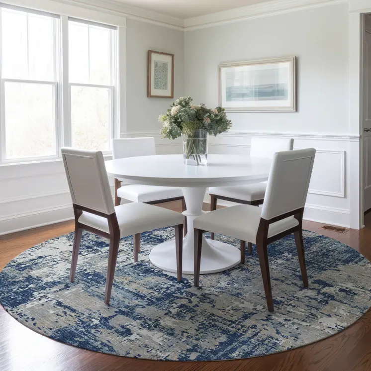8' Navy Blue Gray And Ivory Round Abstract Washable Indoor Outdoor Area Rug