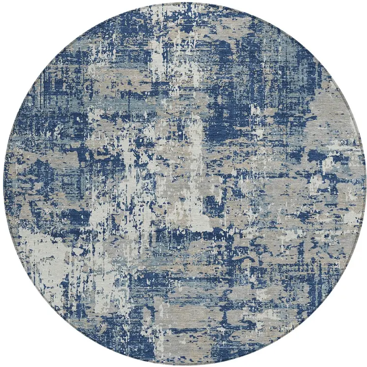 8' Navy Blue Gray And Ivory Round Abstract Washable Indoor Outdoor Area Rug