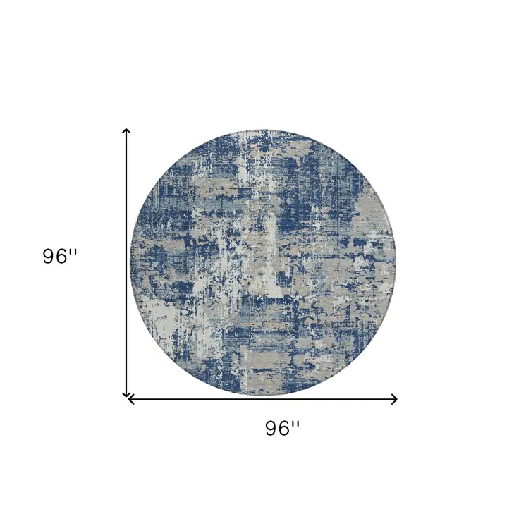 8' Navy Blue Gray And Ivory Round Abstract Washable Indoor Outdoor Area Rug