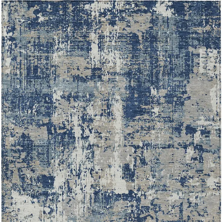 9' X 12' Navy Blue Gray And Ivory Abstract Washable Indoor Outdoor Area Rug