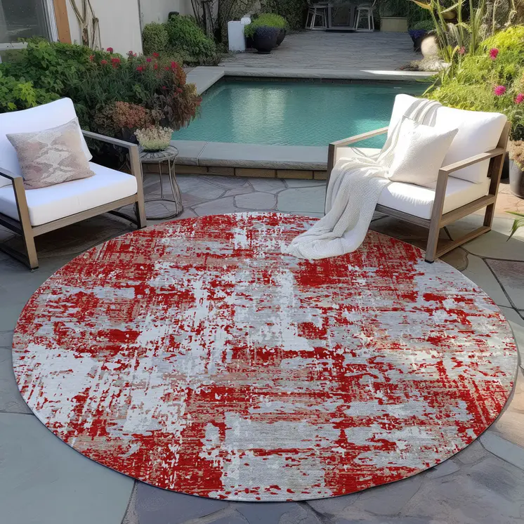 8' Red Gray And Ivory Round Abstract Washable Indoor Outdoor Area Rug