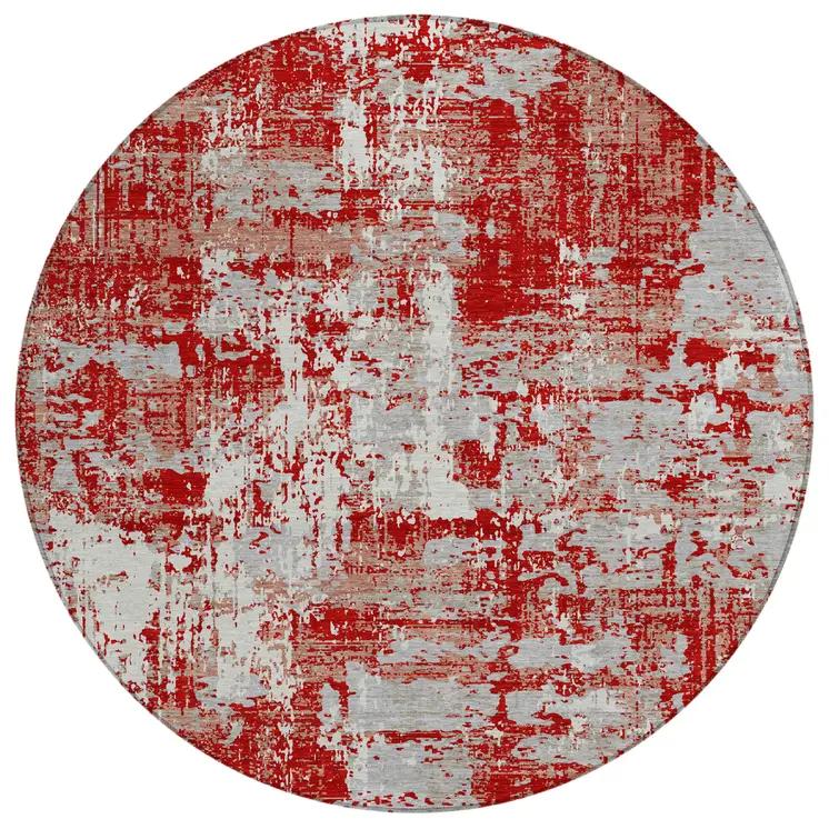 8' Red Gray And Ivory Round Abstract Washable Indoor Outdoor Area Rug
