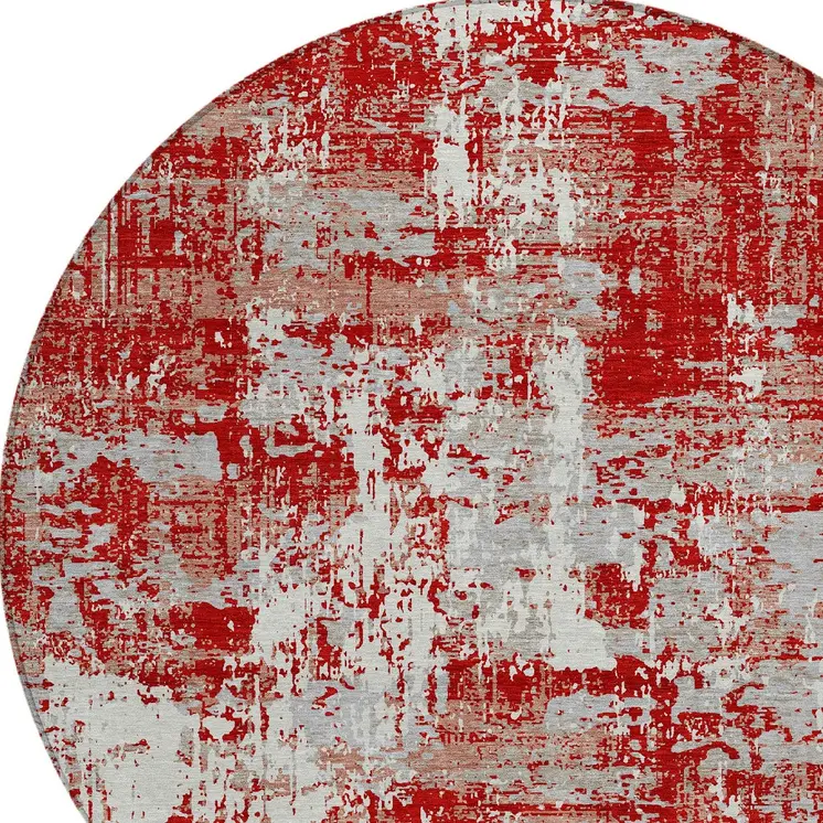 8' Red Gray And Ivory Round Abstract Washable Indoor Outdoor Area Rug
