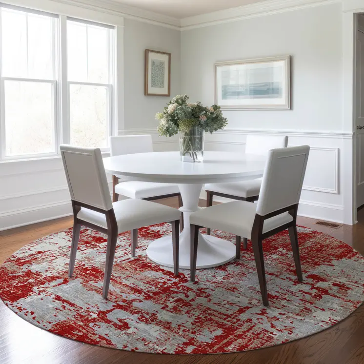 8' Red Gray And Ivory Round Abstract Washable Indoor Outdoor Area Rug
