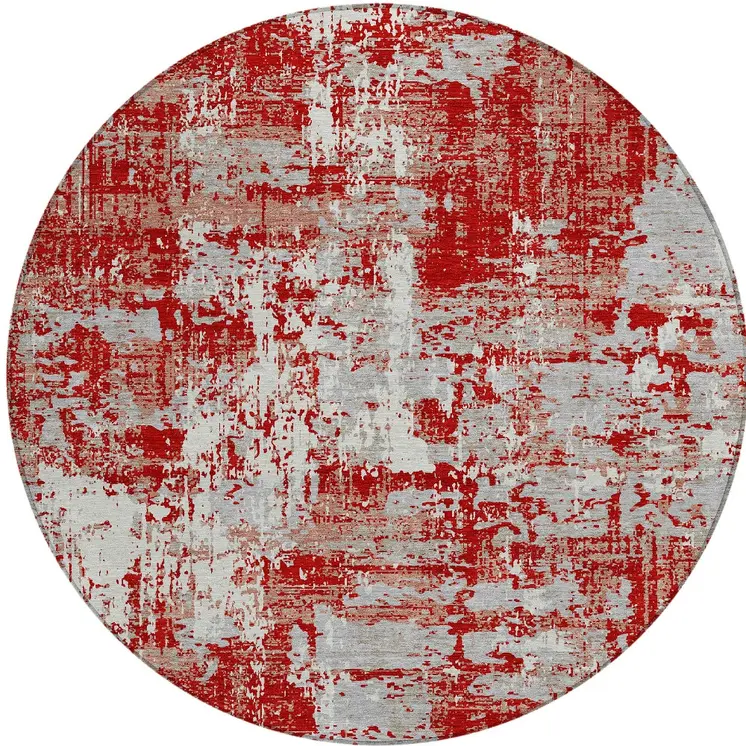 8' Red Gray And Ivory Round Abstract Washable Indoor Outdoor Area Rug