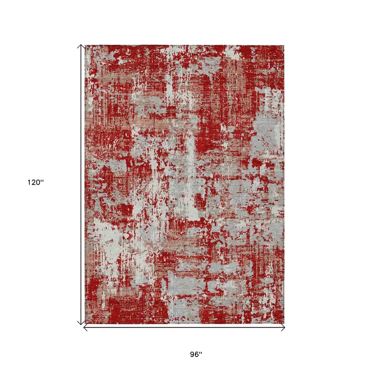 8' X 10' Red Gray And Ivory Abstract Washable Indoor Outdoor Area Rug
