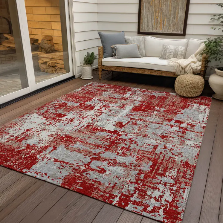 8' X 10' Red Gray And Ivory Abstract Washable Indoor Outdoor Area Rug