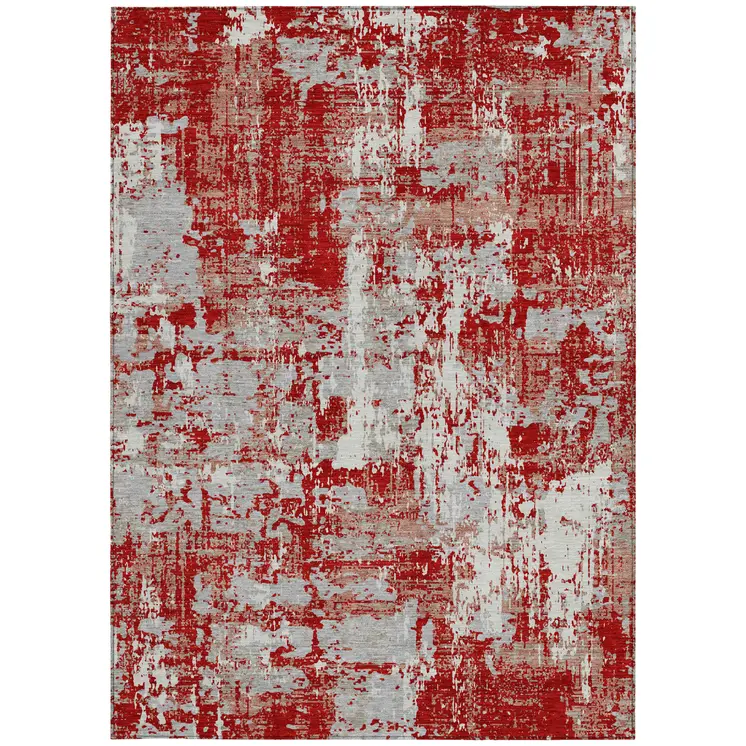 9' X 12' Red Gray And Ivory Abstract Washable Indoor Outdoor Area Rug