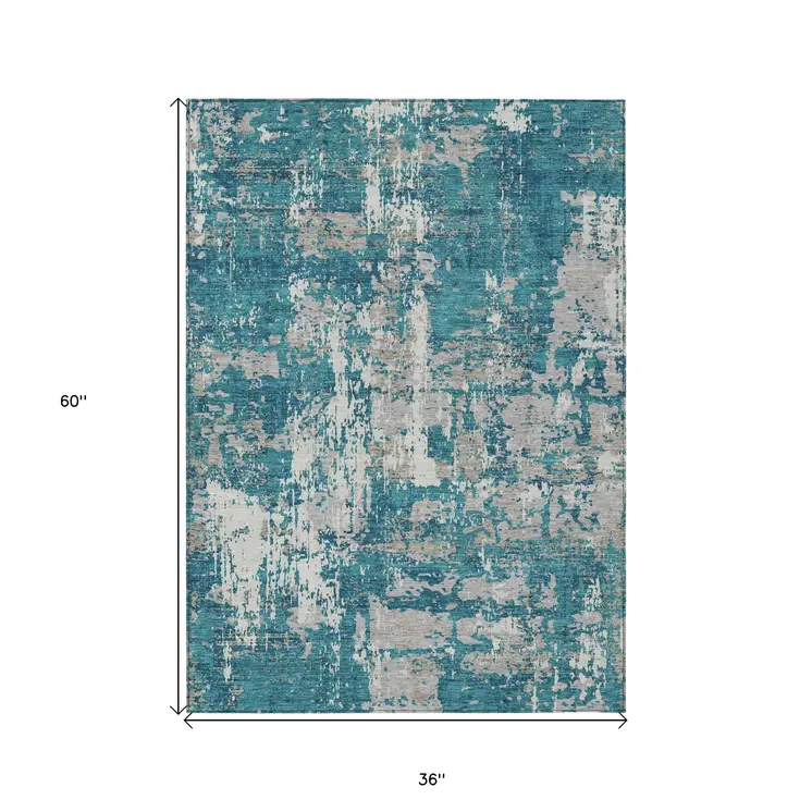 3' X 5' Teal Blue Gray And Ivory Abstract Washable Indoor Outdoor Area Rug
