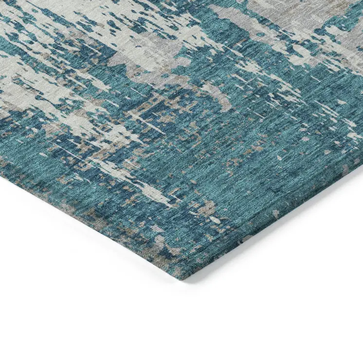 3' X 5' Teal Blue Gray And Ivory Abstract Washable Indoor Outdoor Area Rug