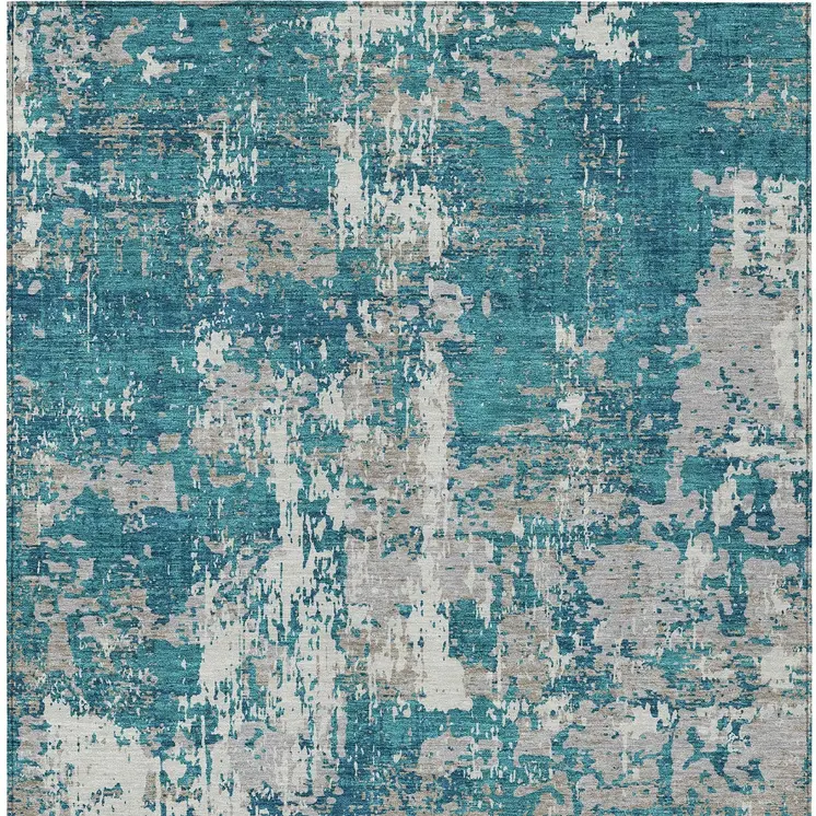3' X 5' Teal Blue Gray And Ivory Abstract Washable Indoor Outdoor Area Rug