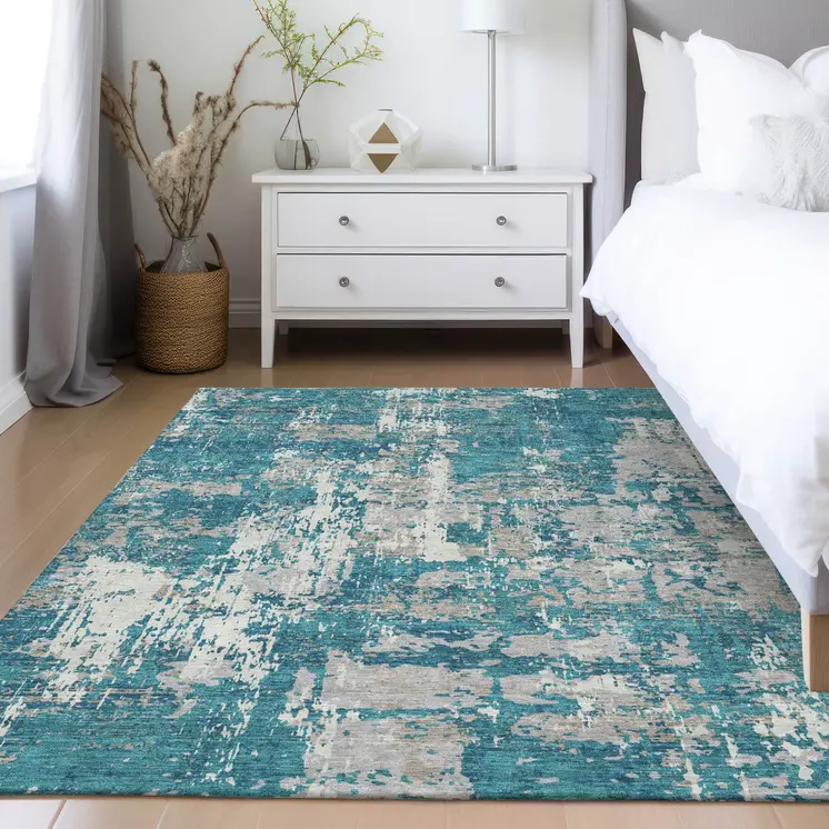 3' X 5' Teal Blue Gray And Ivory Abstract Washable Indoor Outdoor Area Rug