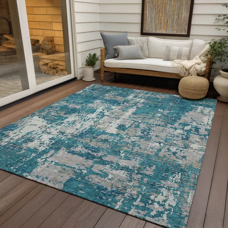 5' X 8' Teal Blue Gray And Ivory Abstract Washable Indoor Outdoor Area Rug
