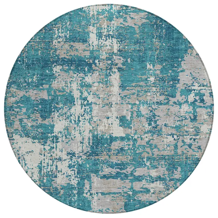 8' Teal Blue Gray And Ivory Round Abstract Washable Indoor Outdoor Area Rug