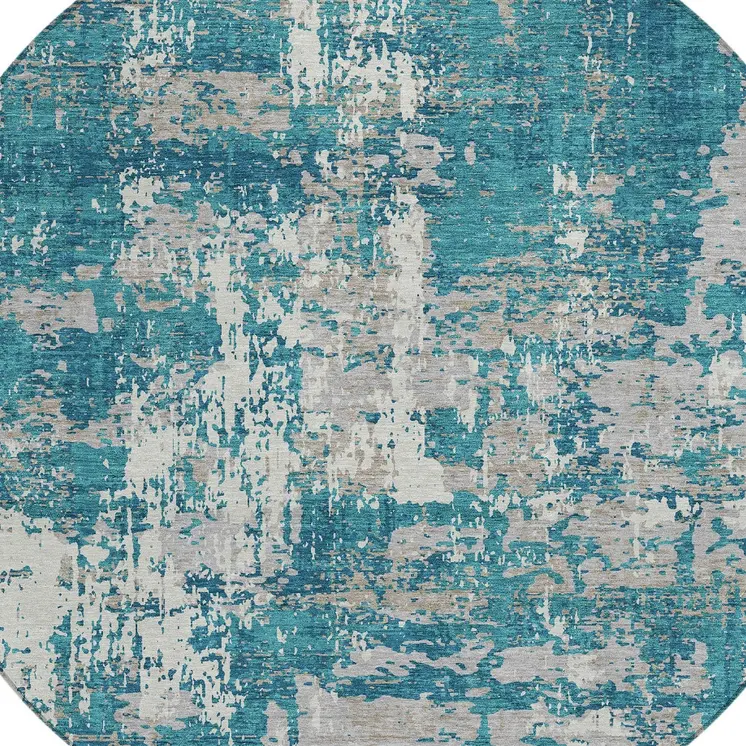 8' Teal Blue Gray And Ivory Round Abstract Washable Indoor Outdoor Area Rug