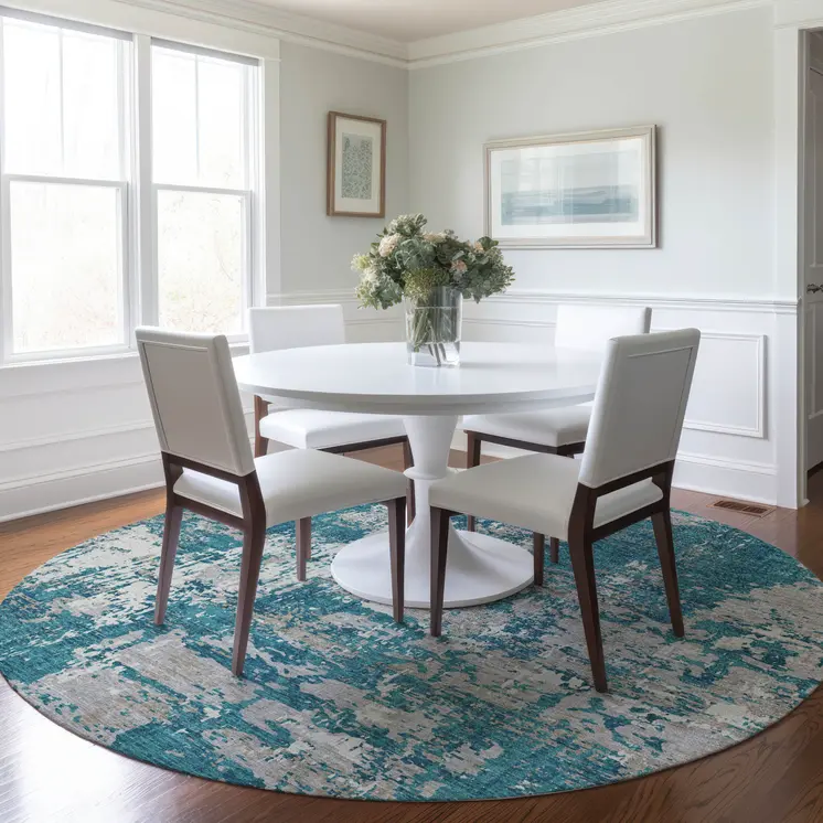 8' Teal Blue Gray And Ivory Round Abstract Washable Indoor Outdoor Area Rug