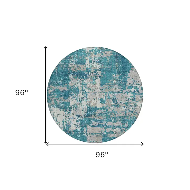 8' Teal Blue Gray And Ivory Round Abstract Washable Indoor Outdoor Area Rug