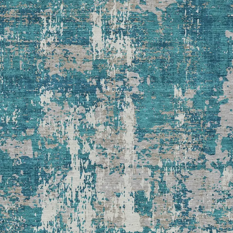 9' X 12' Teal Blue Gray And Ivory Abstract Washable Indoor Outdoor Area Rug