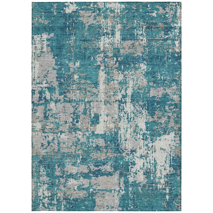 10' X 14' Teal Blue Gray And Ivory Abstract Washable Indoor Outdoor Area Rug