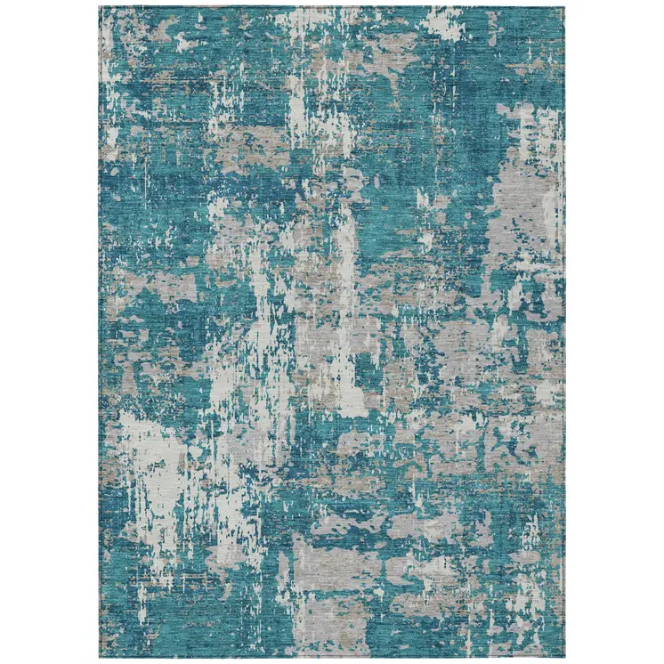 10' X 14' Teal Blue Gray And Ivory Abstract Washable Indoor Outdoor Area Rug