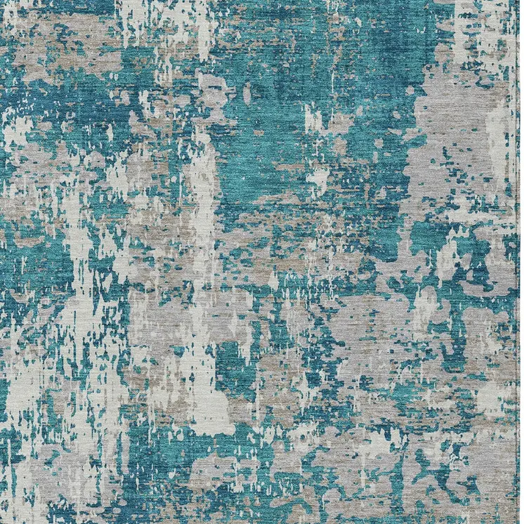 10' X 14' Teal Blue Gray And Ivory Abstract Washable Indoor Outdoor Area Rug