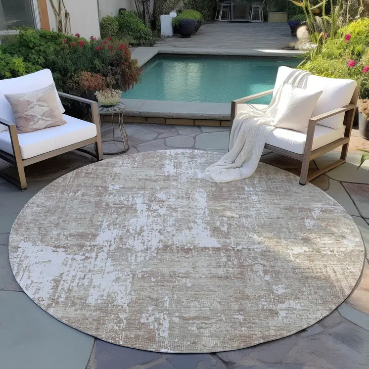 8' Taupe And Ivory Round Abstract Washable Indoor Outdoor Area Rug