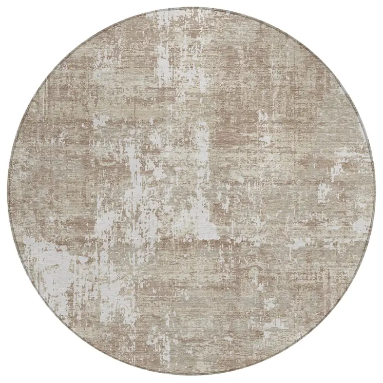 8' Taupe And Ivory Round Abstract Washable Indoor Outdoor Area Rug
