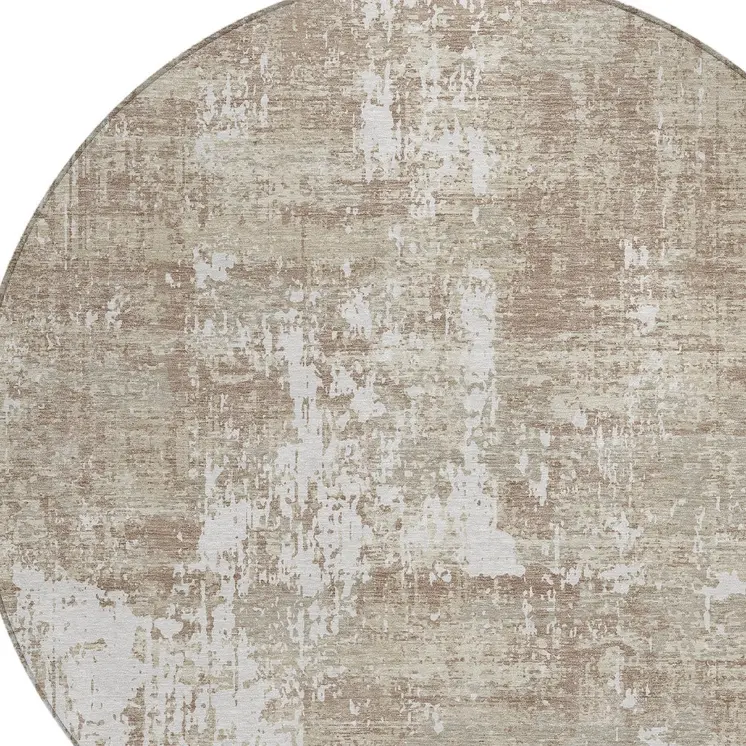 8' Taupe And Ivory Round Abstract Washable Indoor Outdoor Area Rug