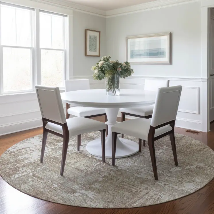 8' Taupe And Ivory Round Abstract Washable Indoor Outdoor Area Rug