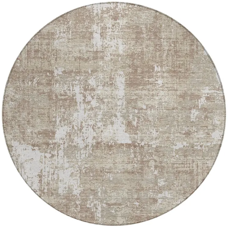 8' Taupe And Ivory Round Abstract Washable Indoor Outdoor Area Rug