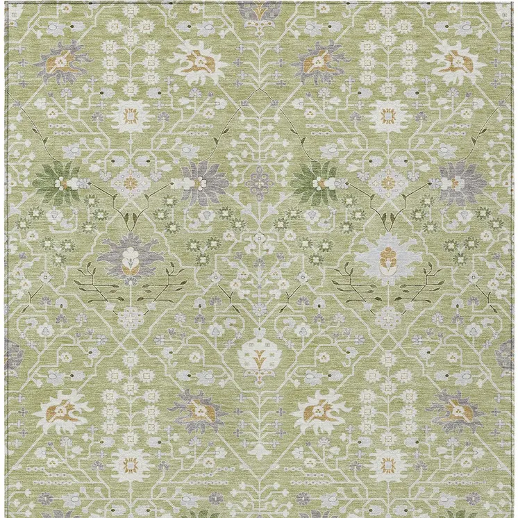 3' X 5' Artichoke Green Gray And Ivory Oriental Washable Indoor Outdoor Area Rug