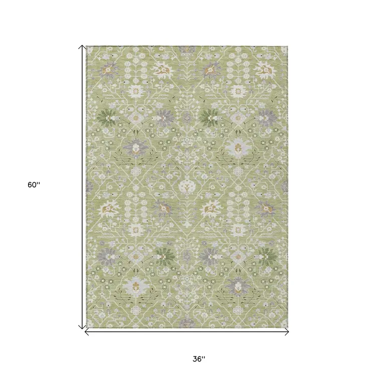 3' X 5' Artichoke Green Gray And Ivory Oriental Washable Indoor Outdoor Area Rug
