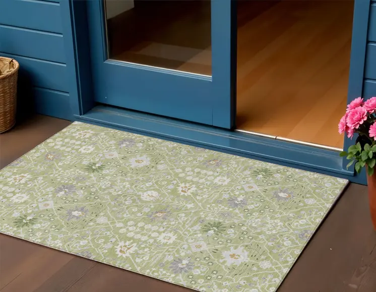 3' X 5' Artichoke Green Gray And Ivory Oriental Washable Indoor Outdoor Area Rug