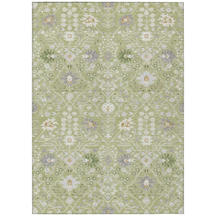 3' X 5' Artichoke Green Gray And Ivory Oriental Washable Indoor Outdoor Area Rug