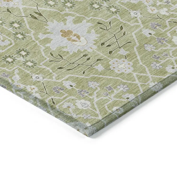 3' X 5' Artichoke Green Gray And Ivory Oriental Washable Indoor Outdoor Area Rug