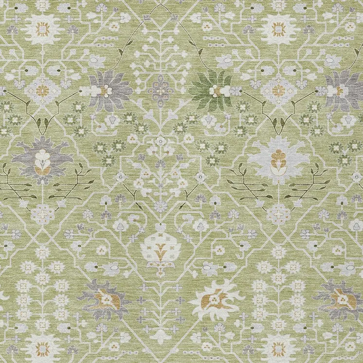 3' X 5' Artichoke Green Gray And Ivory Oriental Washable Indoor Outdoor Area Rug