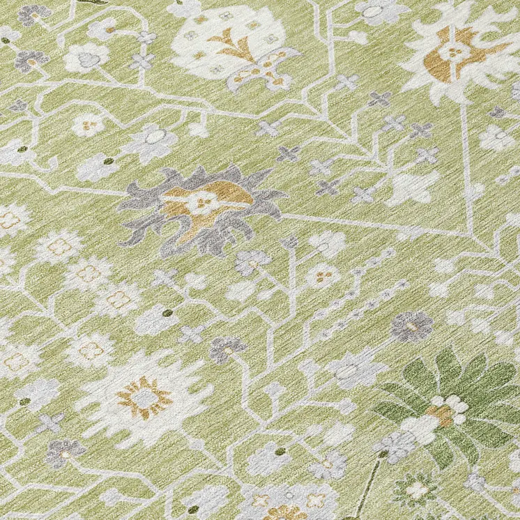3' X 5' Artichoke Green Gray And Ivory Oriental Washable Indoor Outdoor Area Rug