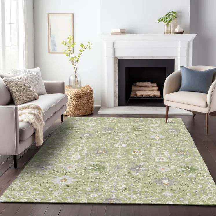 3' X 5' Artichoke Green Gray And Ivory Oriental Washable Indoor Outdoor Area Rug