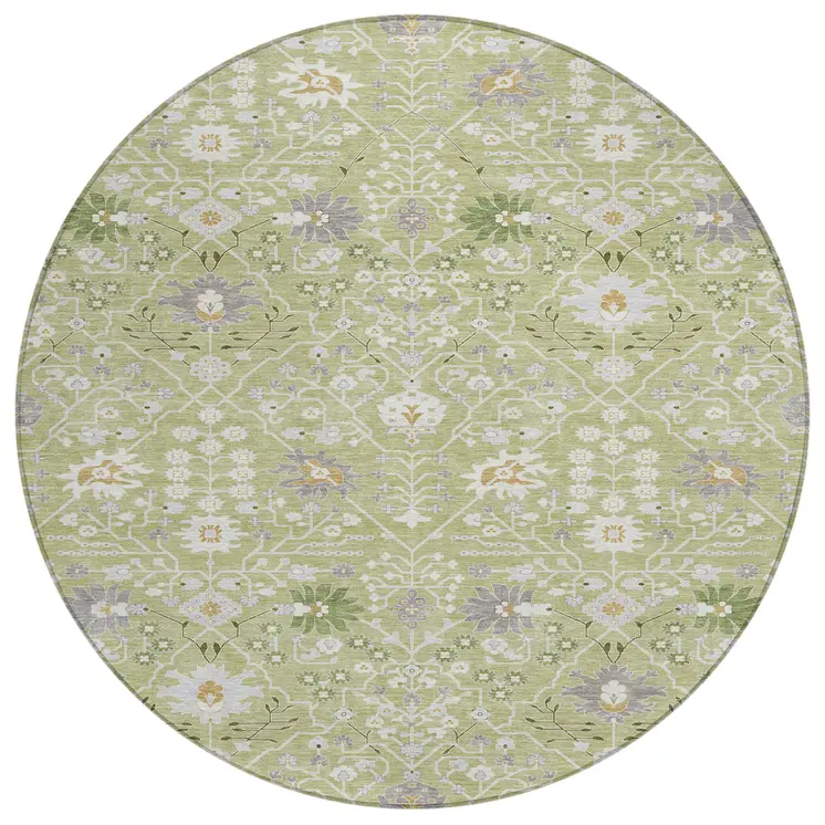8' Artichoke Green Gray And Ivory Round Oriental Washable Indoor Outdoor Area Rug