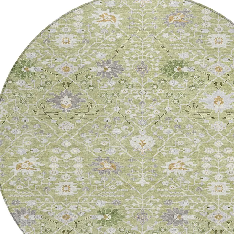 8' Artichoke Green Gray And Ivory Round Oriental Washable Indoor Outdoor Area Rug