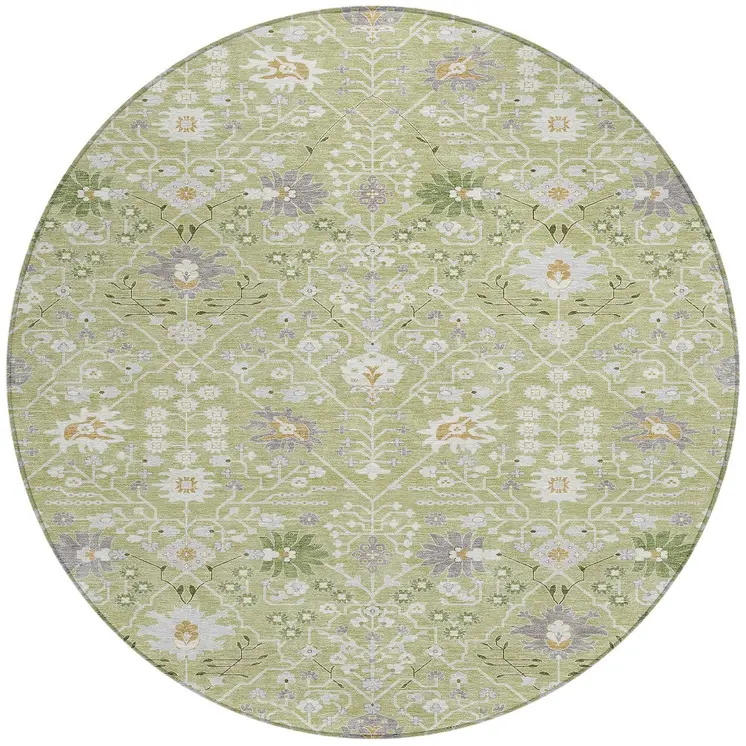 8' Artichoke Green Gray And Ivory Round Oriental Washable Indoor Outdoor Area Rug