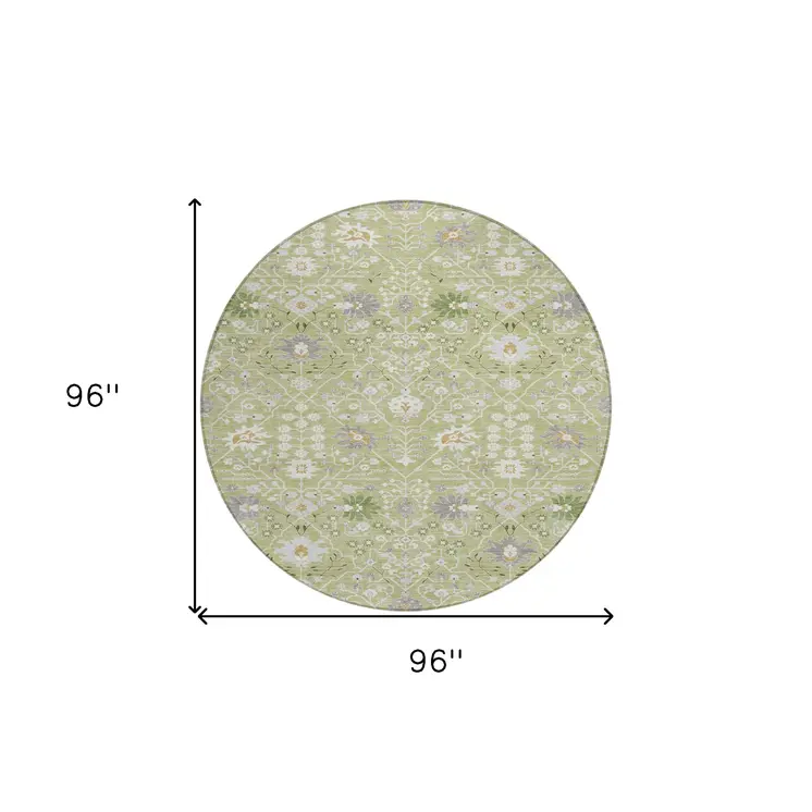 8' Artichoke Green Gray And Ivory Round Oriental Washable Indoor Outdoor Area Rug