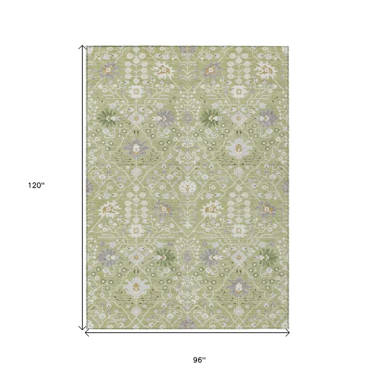 8' X 10' Artichoke Green Gray And Ivory Oriental Washable Indoor Outdoor Area Rug