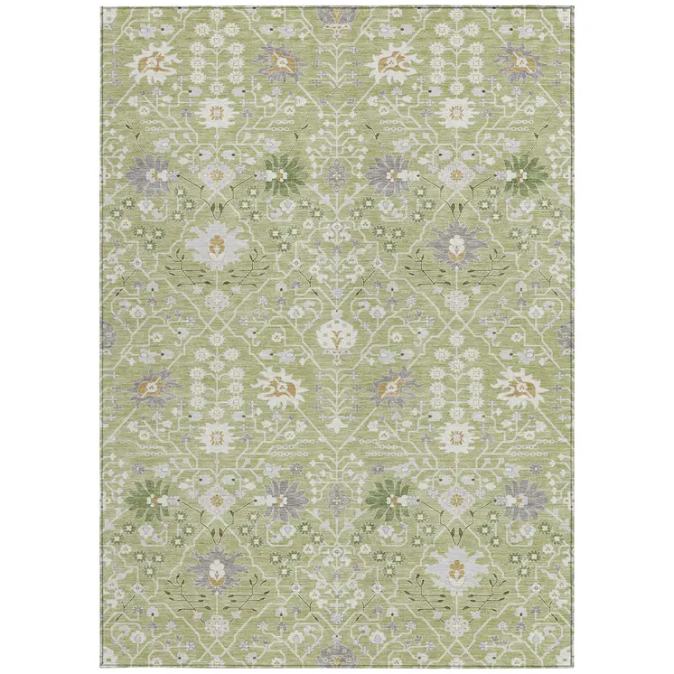 10' X 14' Artichoke Green Gray And Ivory Oriental Washable Indoor Outdoor Area Rug