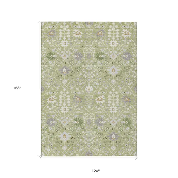 10' X 14' Artichoke Green Gray And Ivory Oriental Washable Indoor Outdoor Area Rug