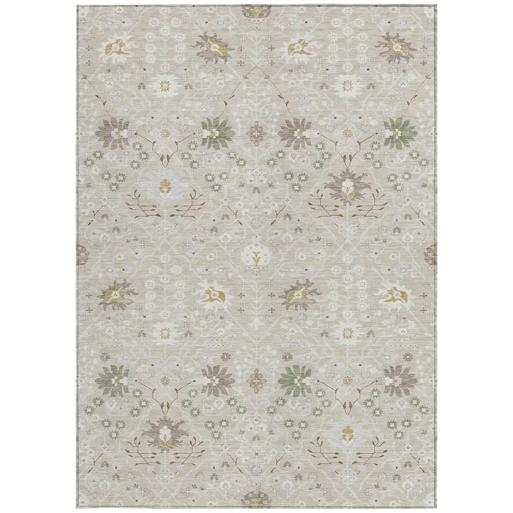 5' X 8' Beige Brown And Green Oriental Washable Indoor Outdoor Area Rug