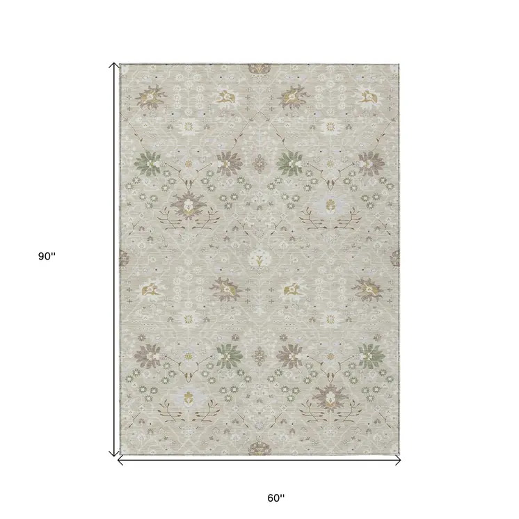5' X 8' Beige Brown And Green Oriental Washable Indoor Outdoor Area Rug