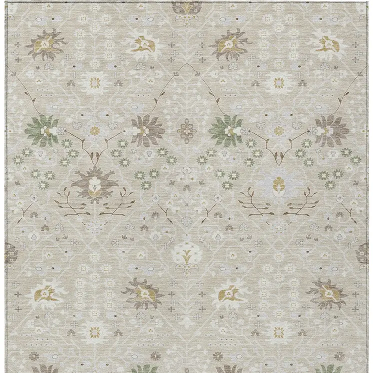 5' X 8' Beige Brown And Green Oriental Washable Indoor Outdoor Area Rug